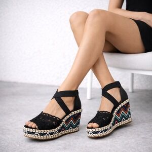 Boho Crochet Espadrille Wedge Sandals Platform Ankle Strap Size 9.5 NEW